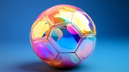 Naklejka premium A Shiny Holographic Soccer Ball Rotates On Blue Background