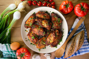 BBQ marinated chicken wings. Top view table. © Leckerstudio