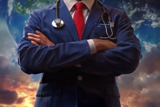 International Doctor's Day. International Workers' Day
healthcare sector. Doctors' Solidarity Day
to the whole world. Illustration of a doctor with a stethoscope.