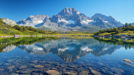 Majestic mountain peaks reflected in still lake under clear blue sky create serene and breathtaking landscape. vibrant greenery enhances tranquil atmosphere