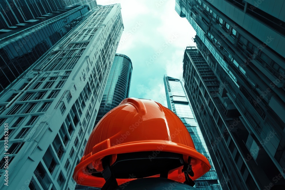 Wall mural Orange Hard Hat Against a Background of Tall Buildings