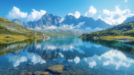 Obraz premium A stunning landscape featuring mountain peaks reflected in still lake under clear blue sky. serene atmosphere invites tranquility and appreciation of natures beauty