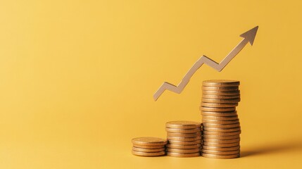 A silver arrow points upwards over a stack of gold coins on a yellow background.  This image symbolizes financial growth, success, and prosperity.