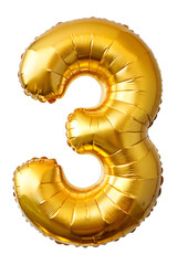 Golden foil number three balloon on a transparent background