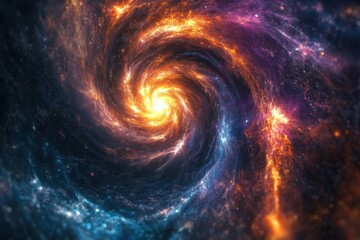 Cosmic vortex with neon colors, swirling particles, and glowing center, evoking space-time.
