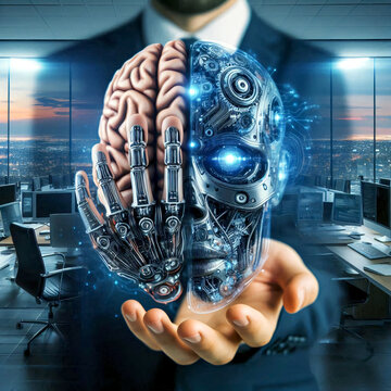 Eine Hand h&auml;lt einen Cyborg-Kopf halb technologie halb menschliches Gehirn. Disruption. Konzept: Neue Technologie macht die alte obsolet. Hightech-Hintergrund, innovativen Grafik.