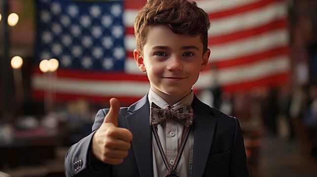 redhead boy in a suit and tie thumbing up against American flag.