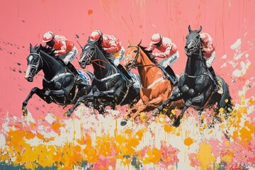 Melbourne Cup. Famous horse racing at Flemington Park Racecourse suburb of Melbourne, the most prestigious two-mile handicap in world. Horses illustration.
