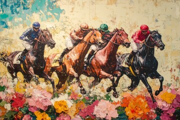 Obraz premium Melbourne Cup. Famous horse racing at Flemington Park Racecourse suburb of Melbourne, the most prestigious two-mile handicap in world. Horses illustration.