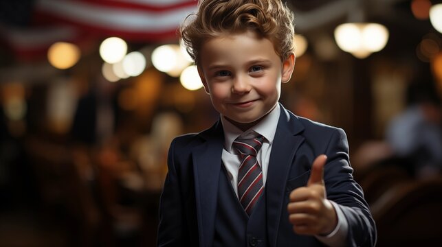 redhead boy in a suit and tie thumbing up against American flag.