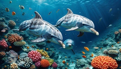 Exploring a vibrant coral reef with playful dolphins and diverse marine life in an underwater paradise