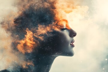 A woman's face is shown in a cloud of smoke, with her eyes closed and mouth open