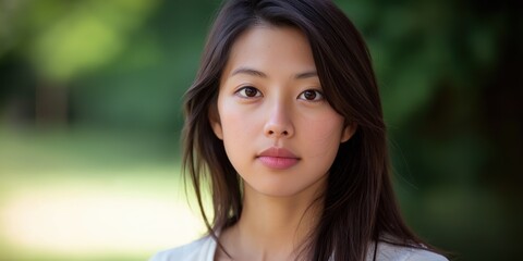 Fototapeta premium A close-up portrait of a young Asian woman wearing a casual t-shirt, with a blurred background.