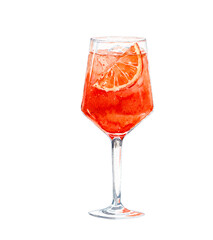 Watercolor Aperol spritz illustration. Alcohol long drink clipart. Glass of cocktail. Club shake beverage hand drawn illustration. Stock print.