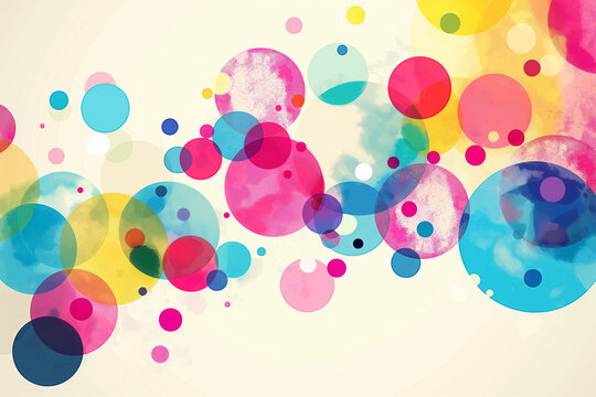 An abstract modern art background featuring an array of circles and spots in vibrant, colorful hues including pink, blue, yellow, red, green, and purple