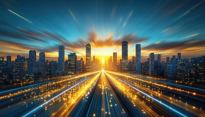 Obraz premium Futuristic city with glowing skyscrapers, light trails, and a vibrant horizon at sunset