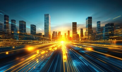 Fototapeta premium Futuristic city with glowing skyscrapers, light trails, and a vibrant horizon at sunset