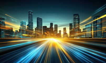 Fototapeta premium Futuristic city with glowing skyscrapers, light trails, and a vibrant horizon at sunset