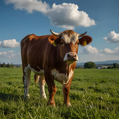 Beautiful cow on green grass with blue