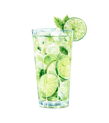 Watercolor Mojito illustration. Alcohol long drink clipart. Glass of cocktail. Club shake beverage hand drawn illustration. Stock print.