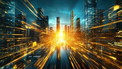 Fototapeta premium Futuristic city with glowing skyscrapers, light trails, and a vibrant horizon at sunset