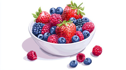 A vibrant bowl of mixed berries including strawberries, blueberries, raspberries, and blackberries, showcasing delightful array of colors and textures. This fresh fruit display evokes sense of health