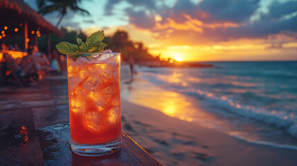 A vibrant cocktail sits on wooden table, reflecting warm hues of stunning sunset at beachside bar. scene captures relaxed atmosphere, perfect for gatherings