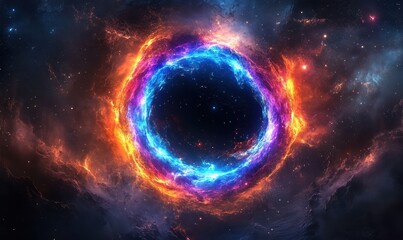 Obraz premium Swirling cosmic vortex with neon lights in space, glowing in blue, orange, and pink