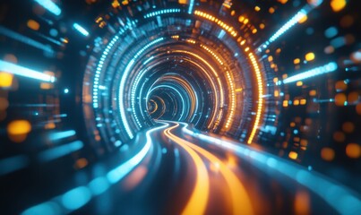 Fototapeta premium Swirling cosmic vortex with neon lights in space, glowing in blue, orange, and pink