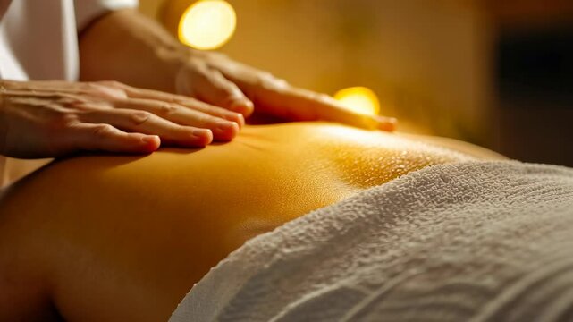 A soothing spa massage session captured in warm lighting. Close-up of therapist's hands on male back, providing comfort and relaxation. Ambiance is serene, promoting tranquility.