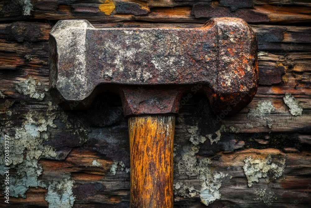 Sticker Rusted Hammer with Wooden Handle Against Weathered Wood