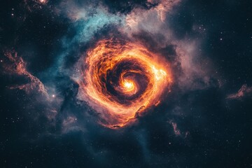 Swirling cosmic vortex with neon lights in space, glowing in blue, orange, and pink