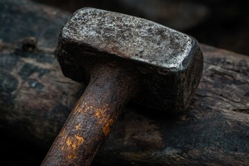 Close-up of a Rusted Hammer Head on a Weathered Wooden Surface