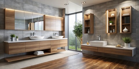 Modern floating bathroom cabinets with sleek lines and ample storage contribute to a minimalist setting, characterized