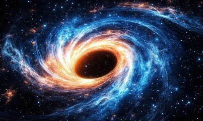 Swirling cosmic vortex with neon lights in space, glowing in blue, orange, and pink