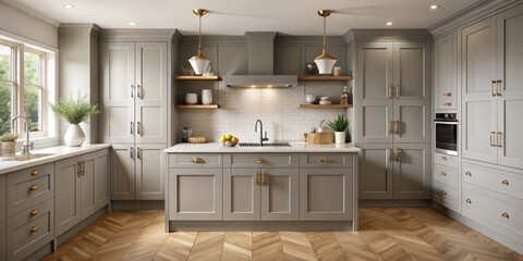 Fototapeta premium Muted grey kitchen cabinets feature classic design, subtle handle details, and delicate grain texture, showcased in a
