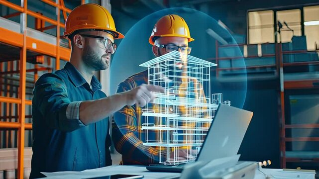 Building the Future, One Blueprint at a Time: Engineers collaborate on a futuristic construction project, using AR to visualize a holographic building model, embodying innovation in modern architectur