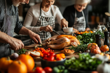 A family gathers in a cozy kitchen to prepare Thanksgiving dinner, focusing on a golden roasted turkey surrounded by fresh vegetables and joyful interactions.