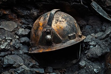 Rusty and Worn Miner's Hard Hat Abandoned in Coal Mine