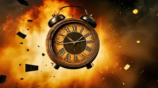 A vintage clock explodes in a fiery blast, debris flying through the air. The dramatic scene suggests chaos and destruction, captured in detail. Evening mood, intense action, no people visible.
