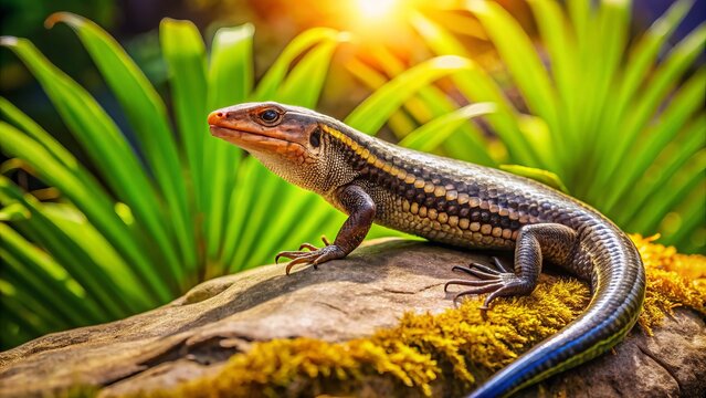 On a worn rock, a majestic skink basks, its scales glistening with warmth, surrounded by lush ferns and