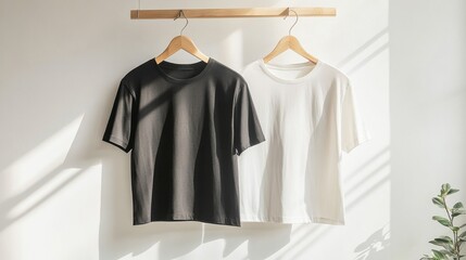 Black and white T-shirt mockup hanging on a wooden hanger, a template for design or print presentation.