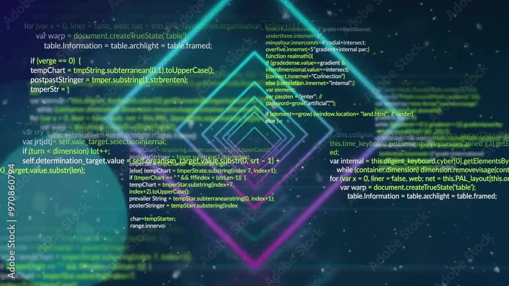 Poster programming code and geometric shapes animation over dark background with neon lights