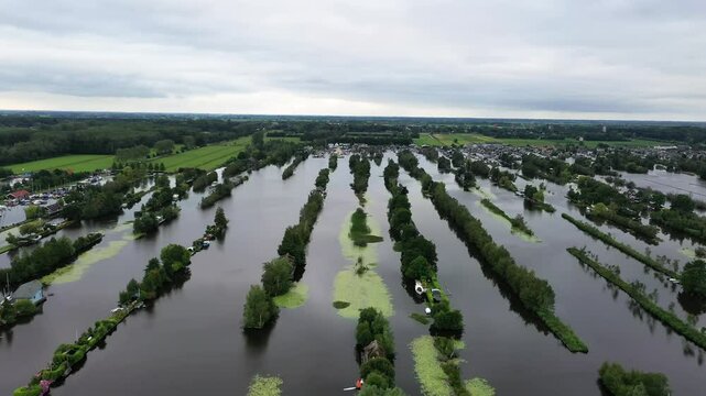 Narrow Islets Of Scheendijk Hamlet In The Dutch Province of Utrecht, Netherlands. Aerial Drone Shot