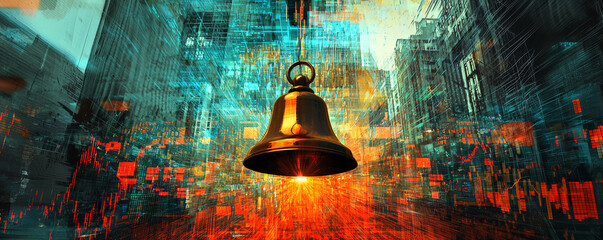 image captures striking visual of bell, symbolizing opening of stock market, surrounded by vibrant digital elements representing financial data and market activity. scene conveys sense of excitement