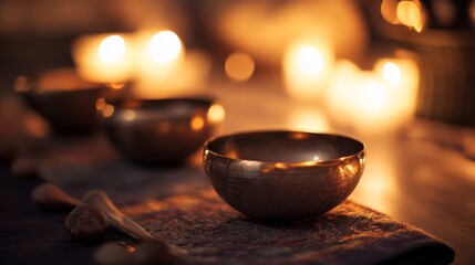 A close-up of a sound therapy session with soft rhythmic tones, peaceful atmosphere and calm lighting,