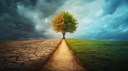 Tree in the middle of desert and green field, symbolizing the contrast of desolation and renewal, with a pathway connecting both worlds