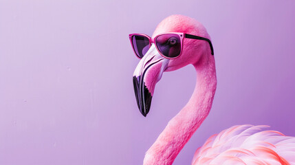 Flamingo bird in cat-eye sunglasses, standing on a solid pastel lilac background