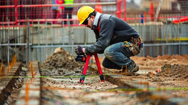 Construction Worker Measuring: A focused construction worker kneels on a construction site, meticulously using a measuring tool to ensure accuracy and precision. The image captures the dedication and 