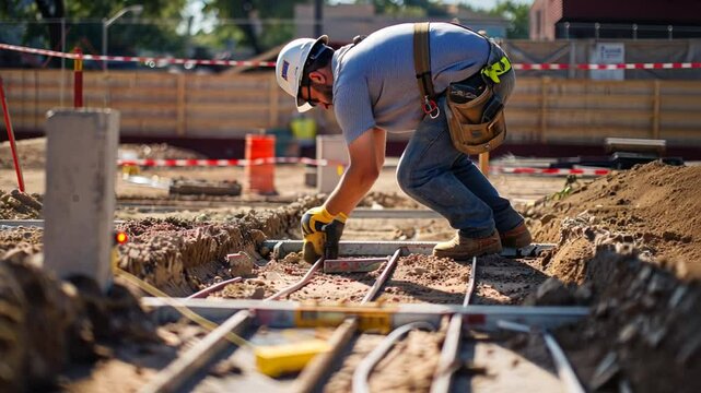 Laying the Foundation: Construction Worker Meticulously Levels Rebar Grid